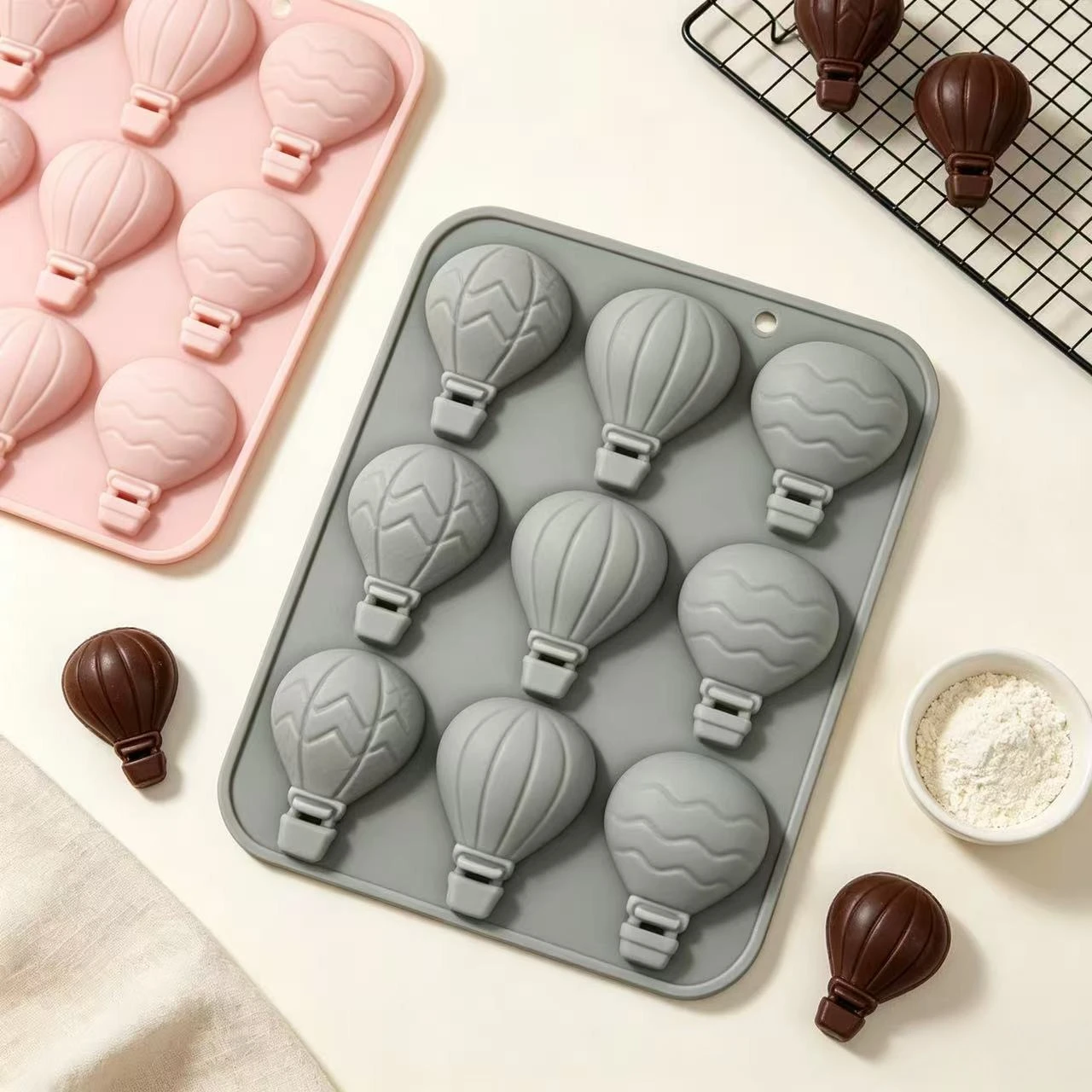 Cute Hot Air Balloon Silicone Mold 9 Cavity Non-Stick Chocolate Candy Mould DIY Ice Cube Tray Baking Tool For Baby Shower Party