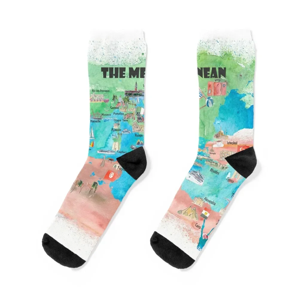 

Mediterranean Cruise Travel Poster Map Spain Italy Greece Palma Ibiza Socks christmas gift hip hop Socks For Girls Men's