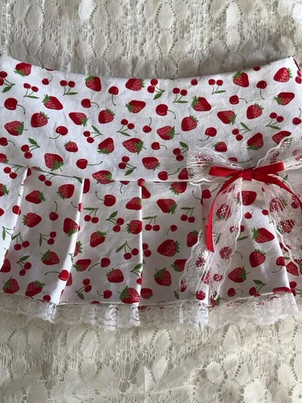 Saia com estampa stbery original para mulheres vintage sle coreano commute mistura de algodão saia evasê comprimento ortopé doce picante...