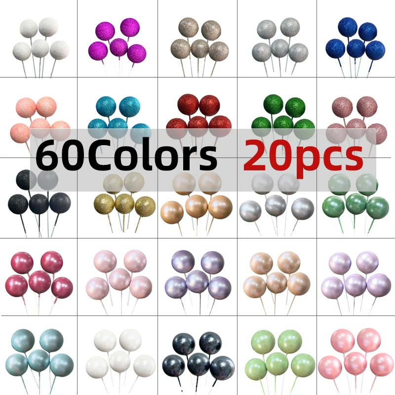 20pcs Colorful Balls Cake Toppers Metal Foam 2-4cm Ball White Black for Kids Birthday Party Cake Decorations Wedding Anniversary