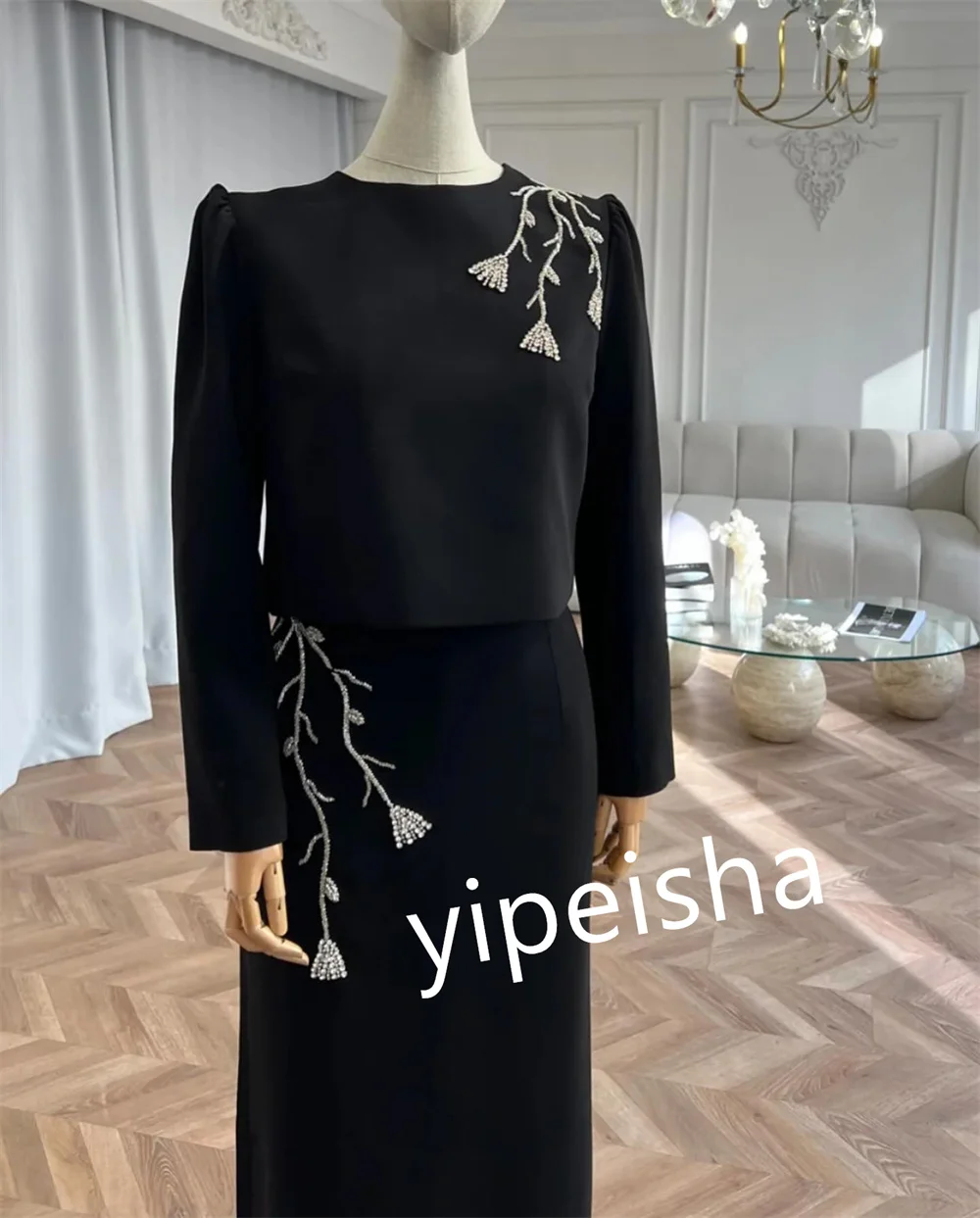 Vestido Midi de Navidad plisado con apliques de Jersey, cuello redondo recto, a medida, para ocasiones