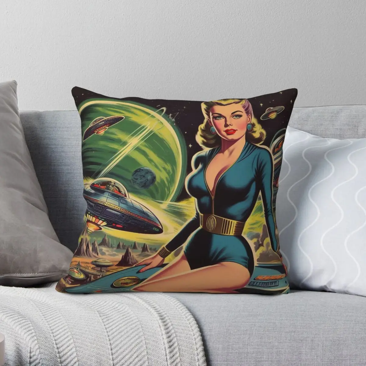 Vintage Sci-Fi Space Pin Up Pillowcase Polyester Linen Velvet Printed Zip Decor Throw Pillow Case Home Cushion Cover