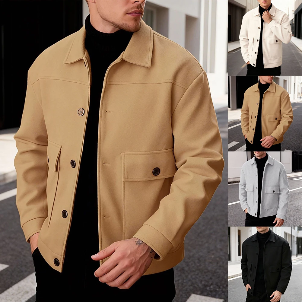 Men Woolen Jacket Loose Fit Lapel Collar Casual Outerwear with Pocket Workwear Style Cardigan for Spring and Autumn