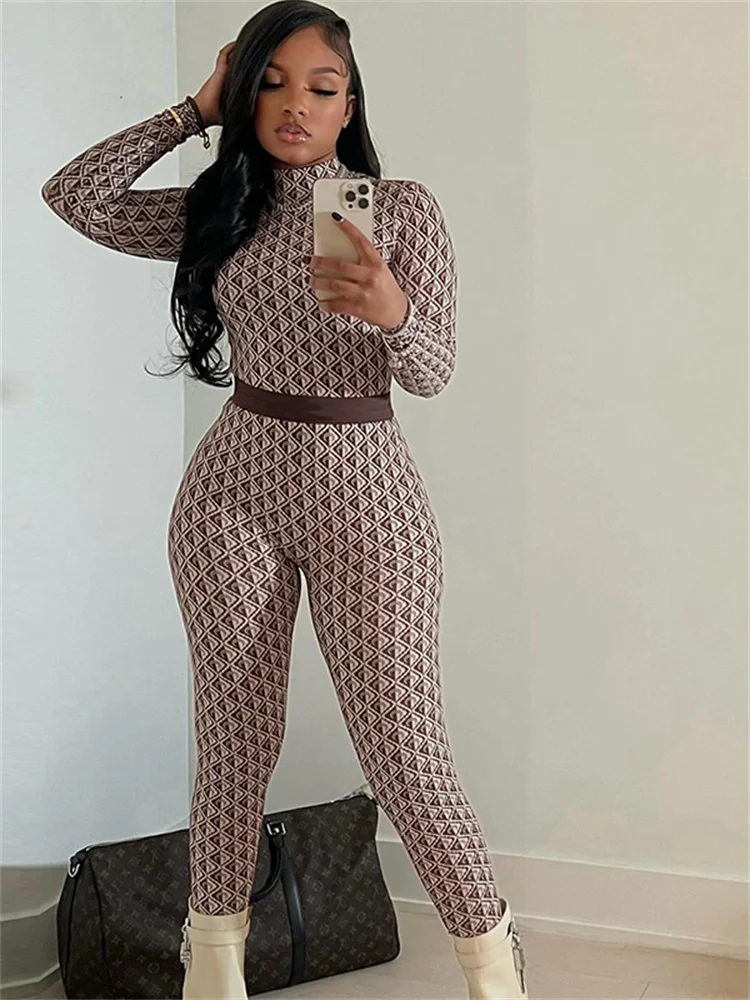 Weird Puss Contrast Fashion Print Jumpsuit Women Turtleneck Skinny Full Sleeve Classic Workout Peach Buttocks Hipster Overalls