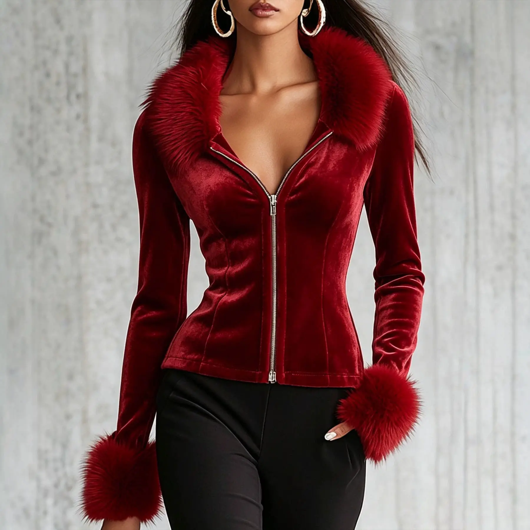 Women Zip Lapel Faux Fur Spliced Velvet Cardigan Slim Fit Long Sleeve Warm Elegant Casual Outerwear Autumn 2026 New