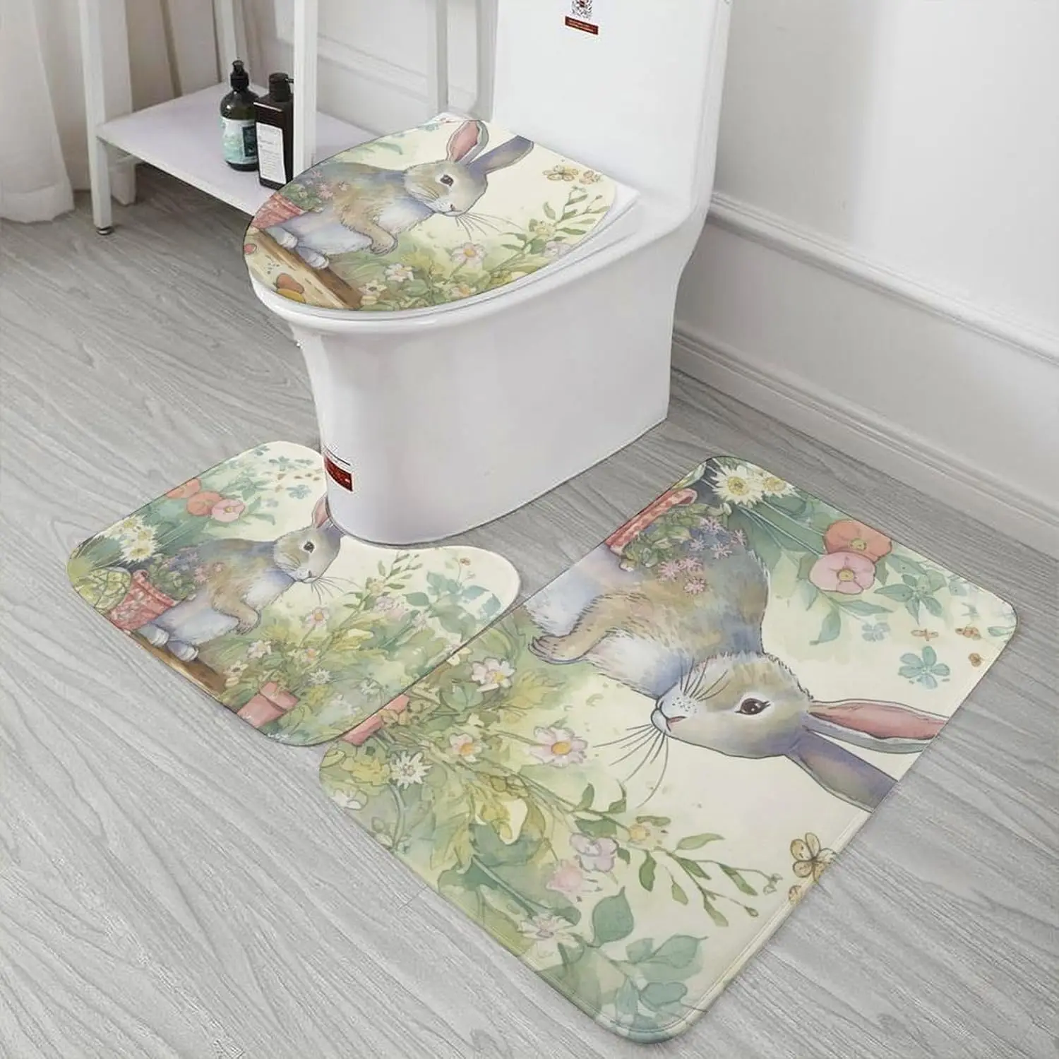 3 Piece Bath Rug Set Non Slip Absorbent Bath Mat Contour Mat with Toilet Lid Cover Garden Bunny Soft Floor Mats for Bathroom