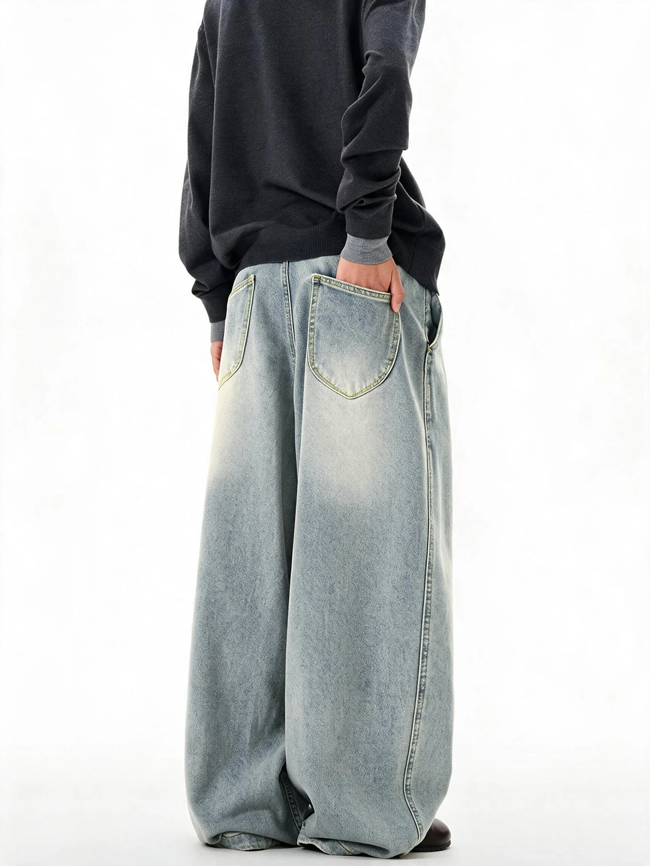 Men's Retro Y2K Streetwear Jeans, Washed Distressed Baggy Wide-Leg Pants For Men, Stylish Loose Fit Casual Denim Long Trousers,