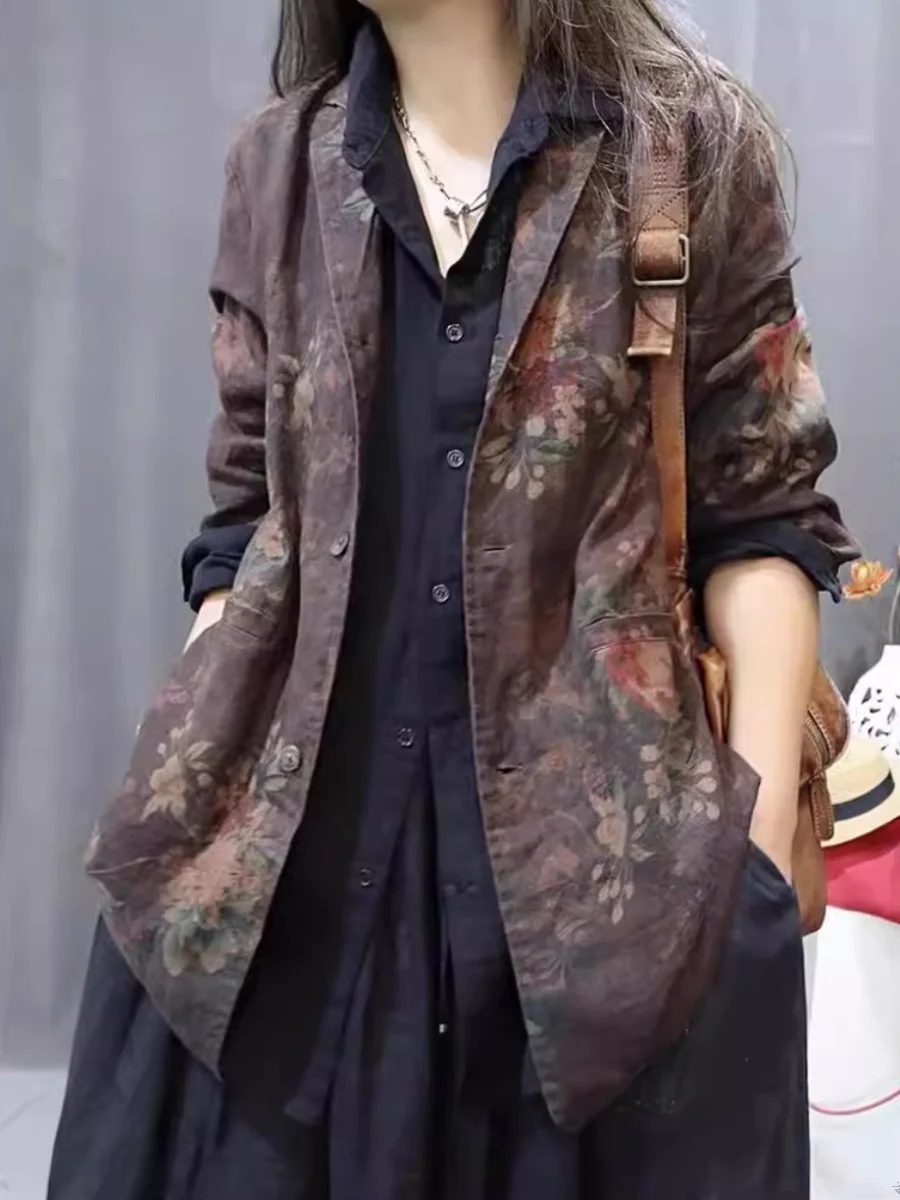 

Women's Spring New Sle Ethnic Cotton Linen Jaet Loose Fit Versatile Large Size Retro irt Trendy Top High End Faion