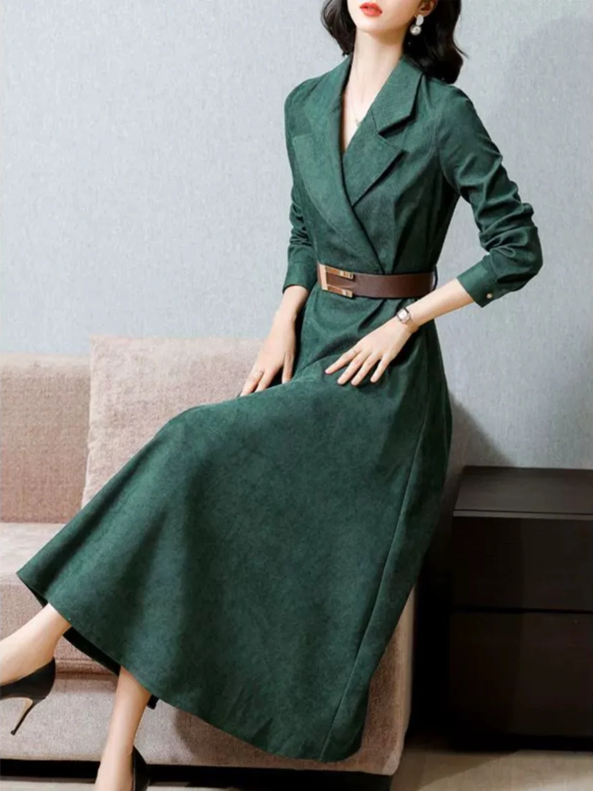 Corduroy Dr Suit Collar Spring Autumn Women's Waist Cinching Early Spring Long Dr Spring Faion Autumn Winter