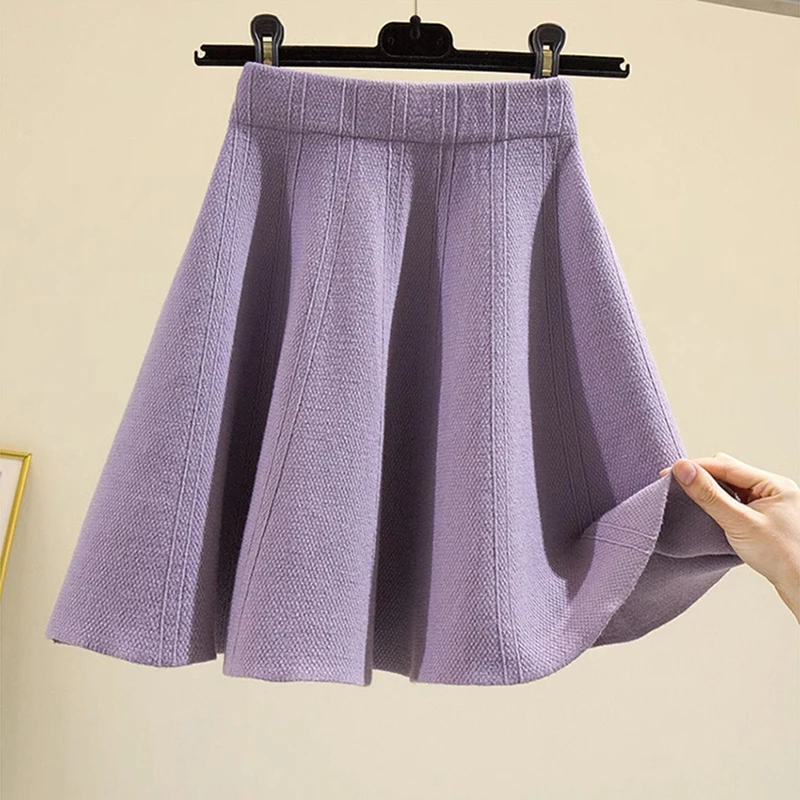النساء الشتاء الدافئة محبوك التنانير الصغيرة شعبية الكورية قصيرة مطوي تنورة Preppy نمط عالية الخصر الحياكة التنانير للمرأة