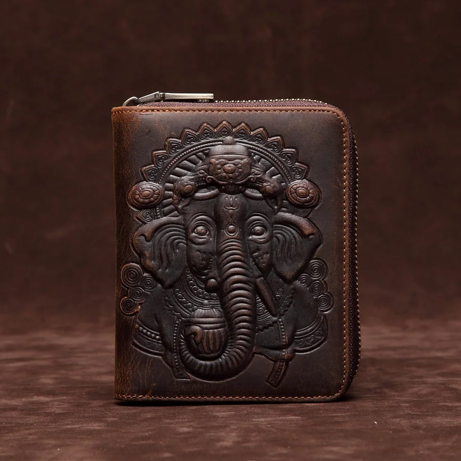 Large Capacity Leather Wallet Men's Crazy  Leather Zipper Card Holder Bucket Shape American Retro Style Credit Card Bag