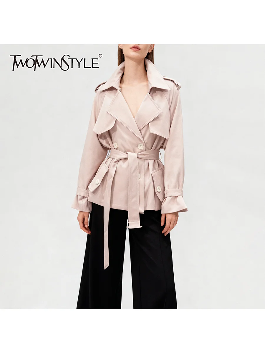 

TWOTWINSTYLE Solid Spliced Buttons Casual Trenchs for Women Lapel Long Sleeves Patchwork Lace Up Basics Trench Female Clothing