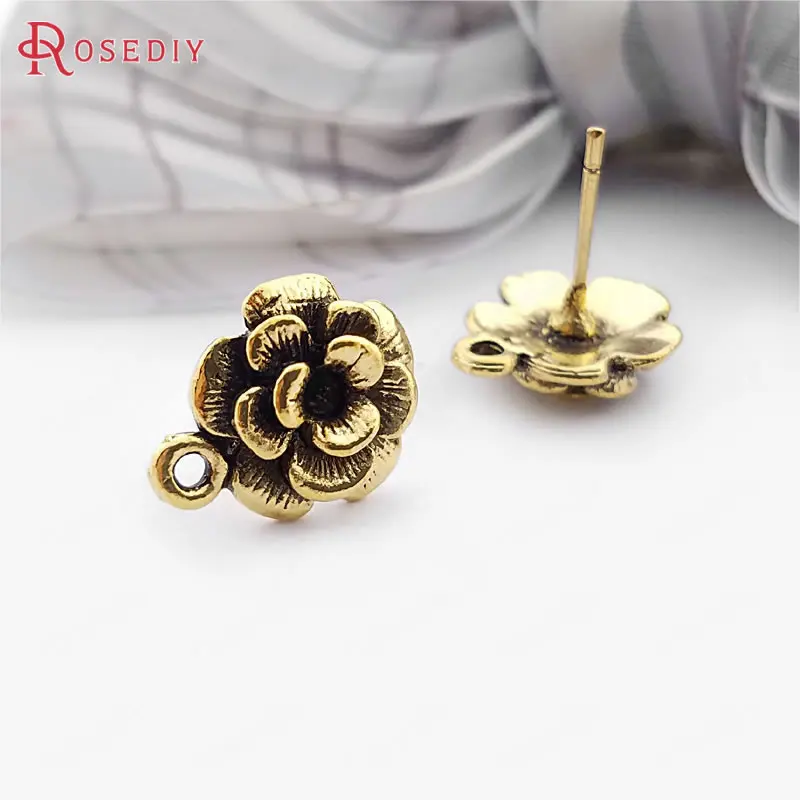 Wholesale Antique Silver color  Steel Stud Earrings with 12mm Alloy Flower and a Hanging Hole Diy Findings 20 pieces(JM4880)