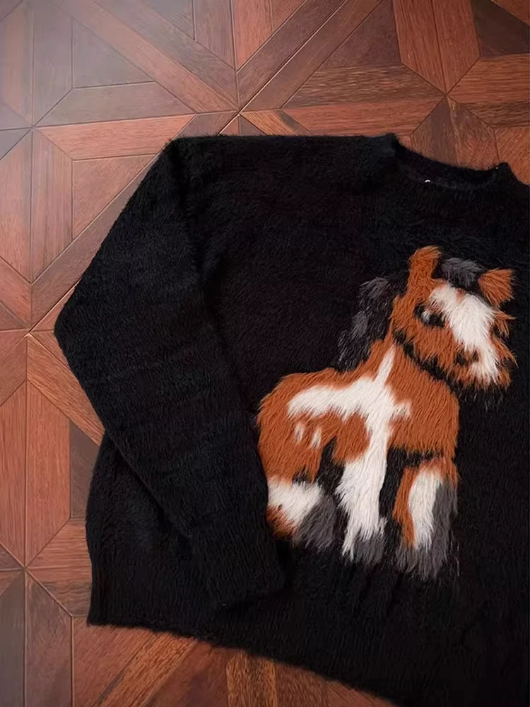 Suéter Retro Americano de Gamuza con Parches Tejidos, Estilo Hoado para Hombre, Estilo Pareja, Cuello Redondo, Manga Larga,...