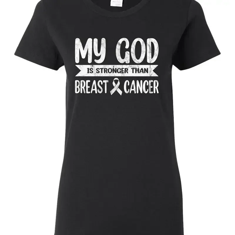My God Is Stronger Than Breast Cancer White Distressed Women T Shirt