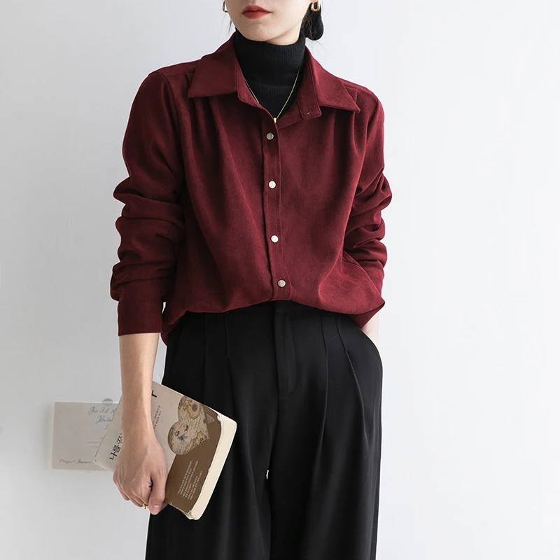 Vintage Red Shirt for Women Autumn Winter 2024 New Long Sleeve Turn Down Collar Blouse Office Ladies Casual Y2k Top