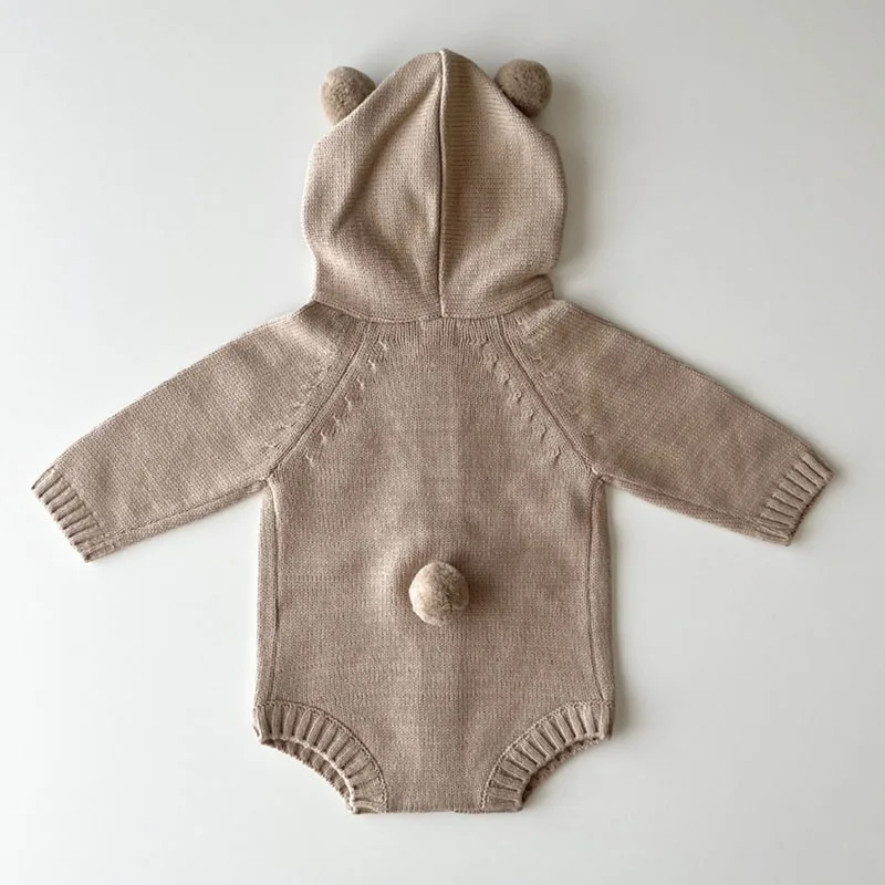 Autumn Winter Children Knitted Clothes Korean Style Climbing Suit Solid Color Knitting Hooded Toddler Baby Boys Girl Romper