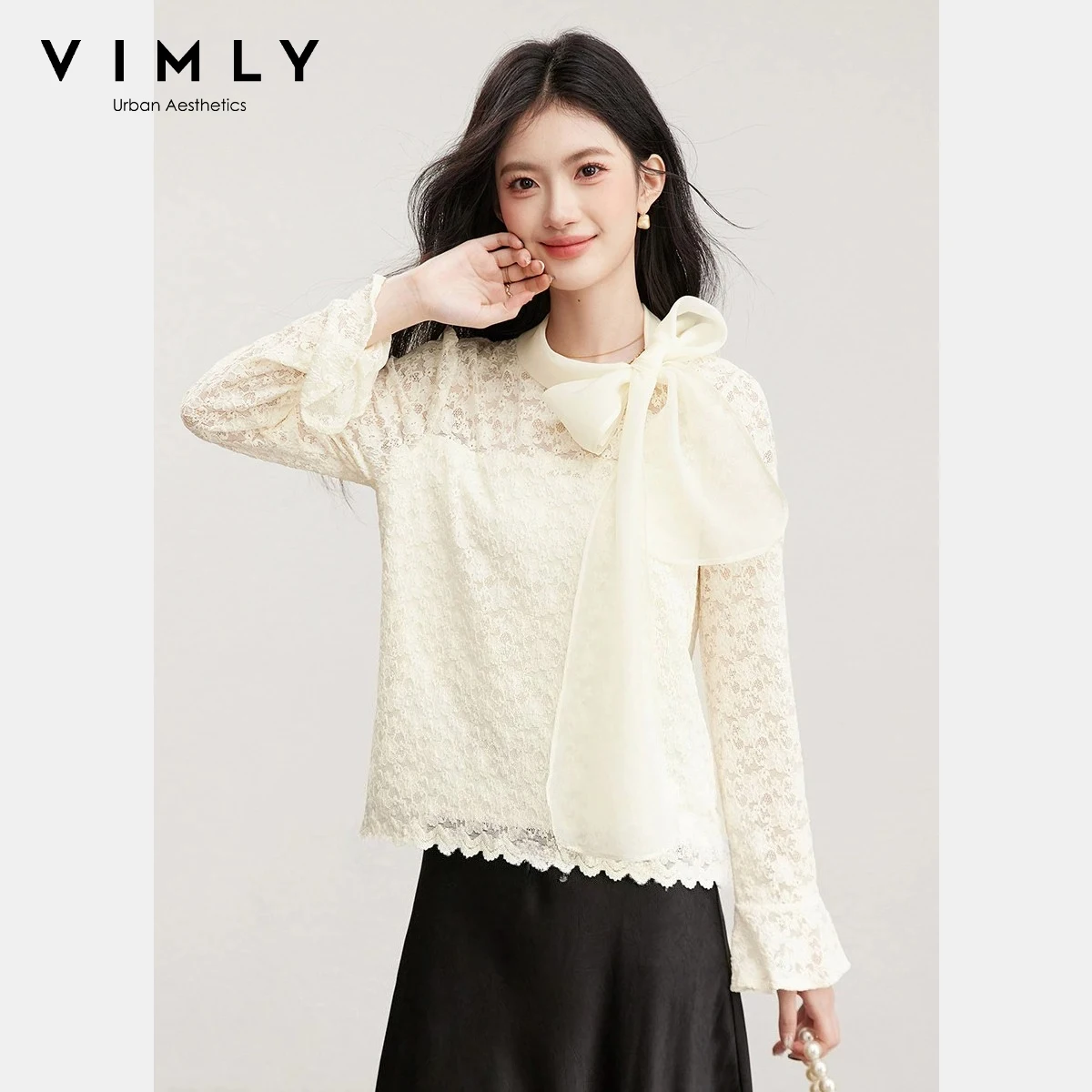 

VIMLY Women‘s Bow Tie Lace Blouse 2026 Spring New French Style Elegant Off White Round Neck Casual Daily Long Sleeve Top 30660