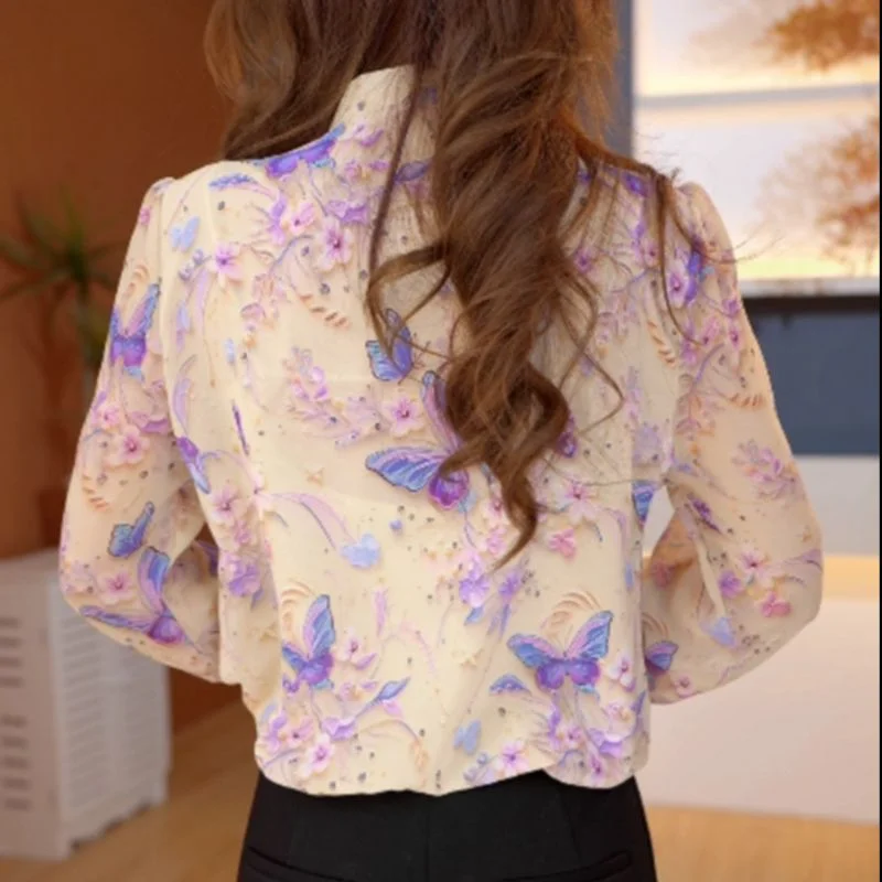 

Модный дизайн, фиолетовая рубашка с длинными рукавами с принтом и лацканами для женщин, новый летний универсальный стиль для поездок на работу