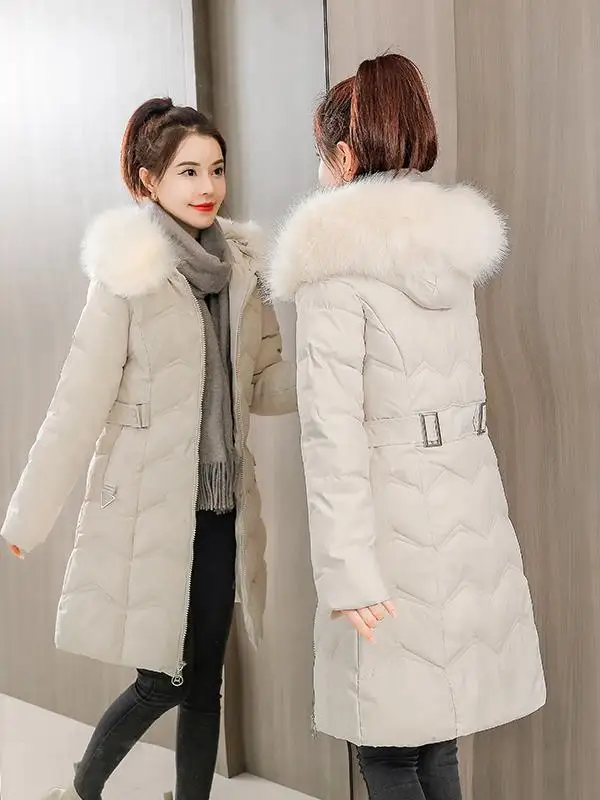 Detachable Large Fur Collar down Cotton Jaet Women's Mid-Length Korean Sle Winter Coat Warm Thiened Zipper Closure