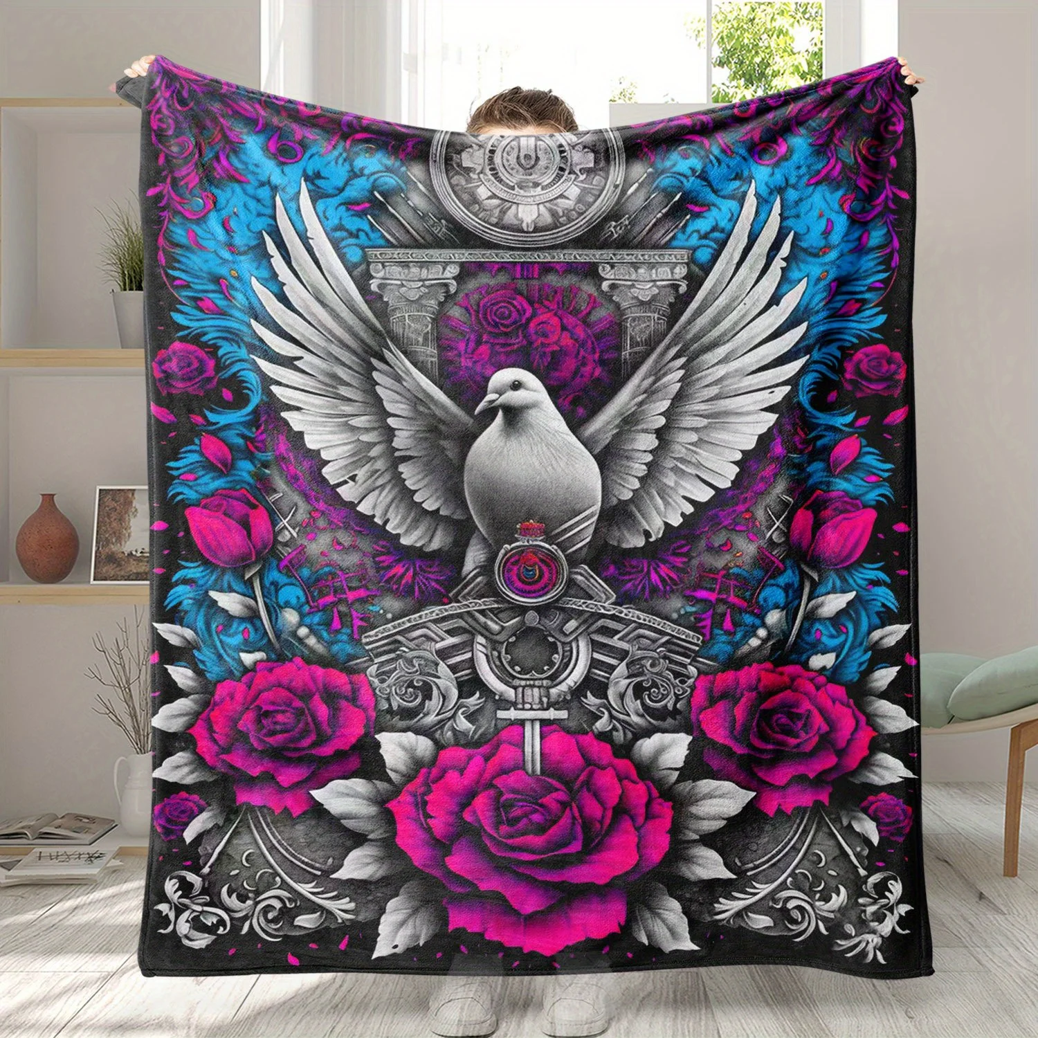 Gothic White Dove Rose Flannel Throw Blanket, Vintage Dark Floral Bird Print Soft Warm Blanket for Sofa Bedroom Home Decor