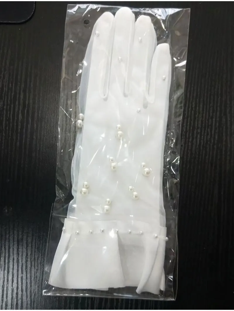 Guantes de boda de tul con perlas de lujo para mujer, borde de satén fruncido corto, accesorios de dama de honor para boda, guantes nupciales