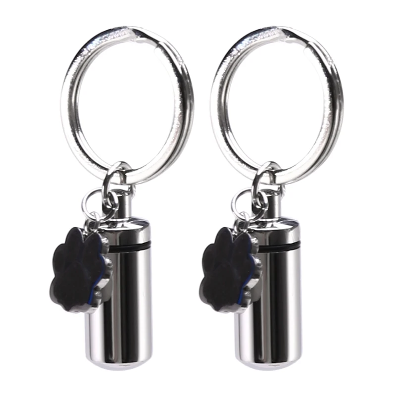 2X Stainless Steel Pet Puppy Dog Charm Cylinder Keychain For Ashes Hair Memorial With Filler Kit And Bag