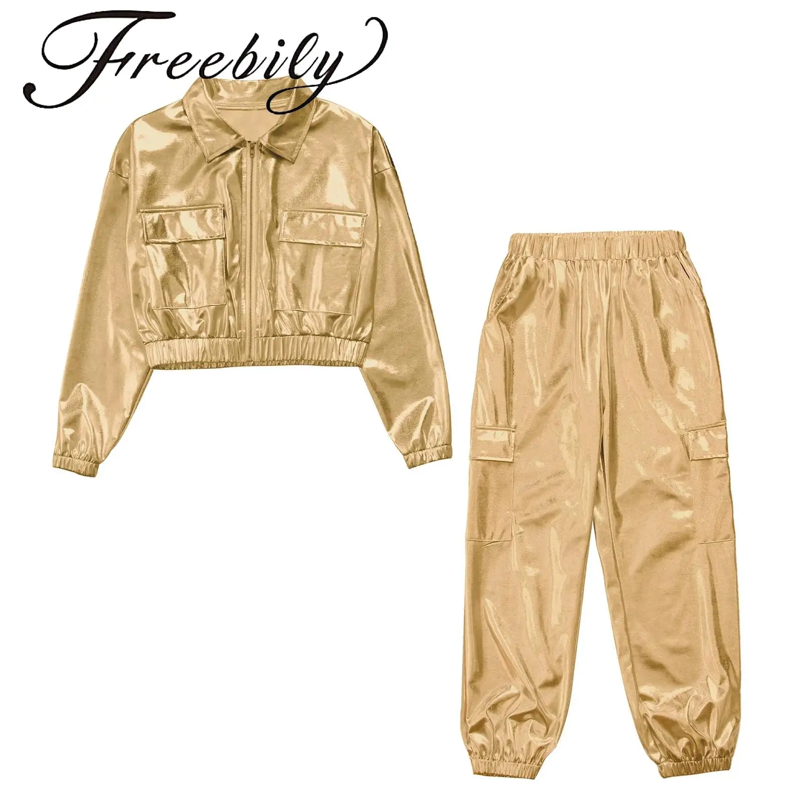 

Boys Girls Hip-Hop Jazz Dance Outfit Metallic Shiny Jacket Long Sleeve Outwear with Pants Skateboarding Street Dancewear Costume
