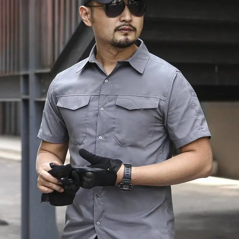 

Quick Dry Tactical Cargo Shirt Men Summer Short Sleeve Training Outdoor Shirts Lapel Breathable Casual Workwear Hiking Clothing