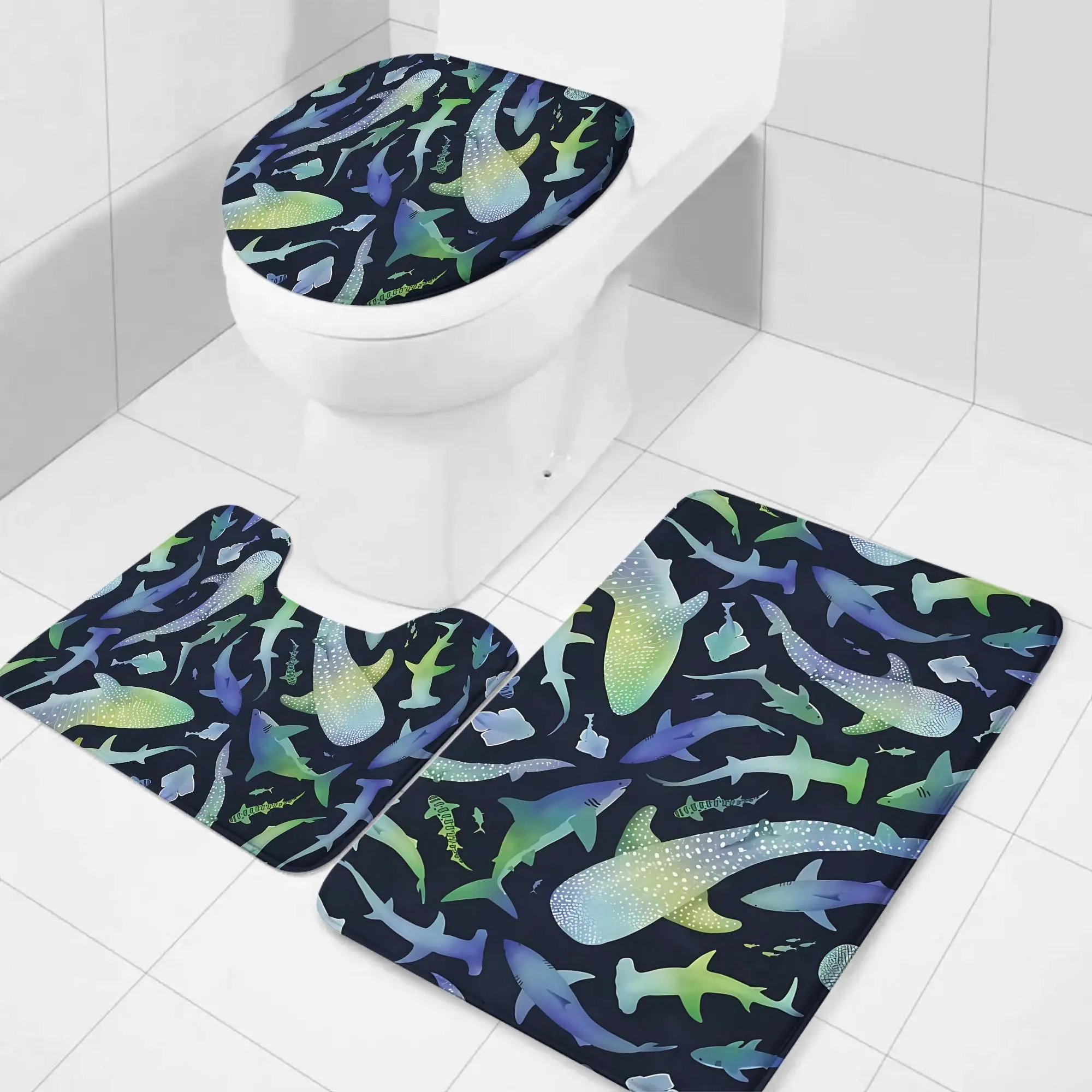 

Blue-Green Shark 3pc Bath Set – Watercolor Design, Toilet Lid Cover & Floor Mat, Soft Non-Slip Bathroom Decor