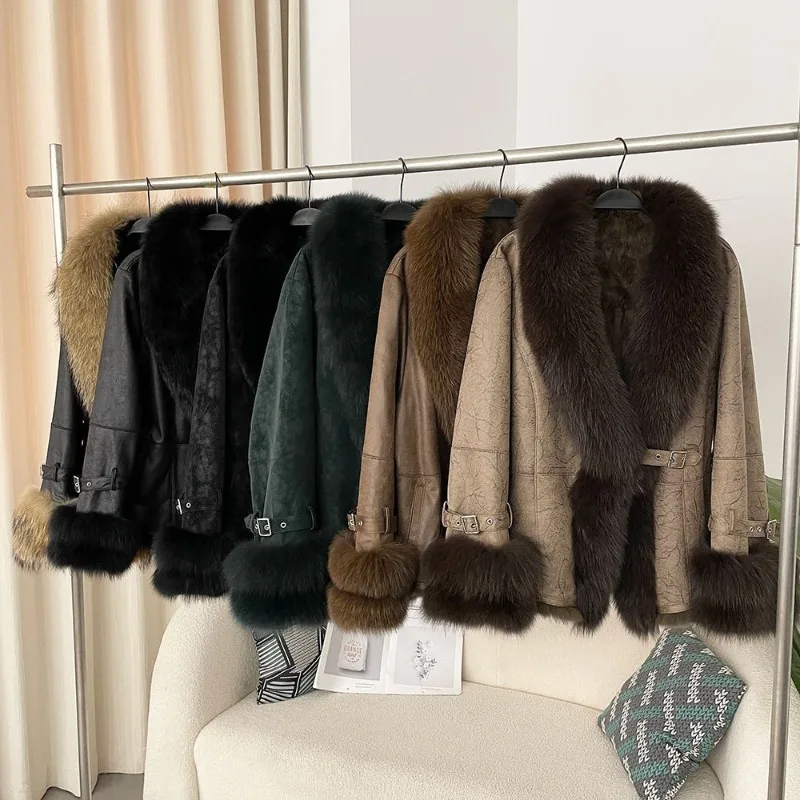 

High-quality Double-faced Fur Leather Coat Women's Rabbit Fur Jacket Autumn Winter Fox Fur Collar Short Overcoat Streetwear Coat