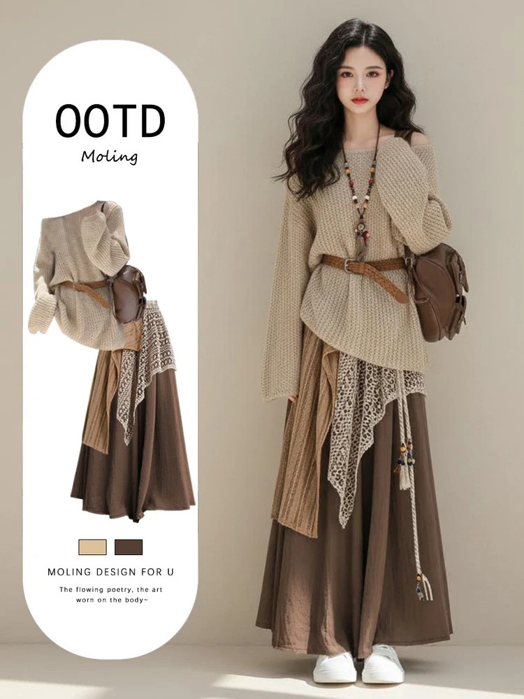 

Spring Initial Loose oulder Lace Sweater Casual Pants Tee Piece Set Women High Waist Long Skirt Knitted Long Sve round...