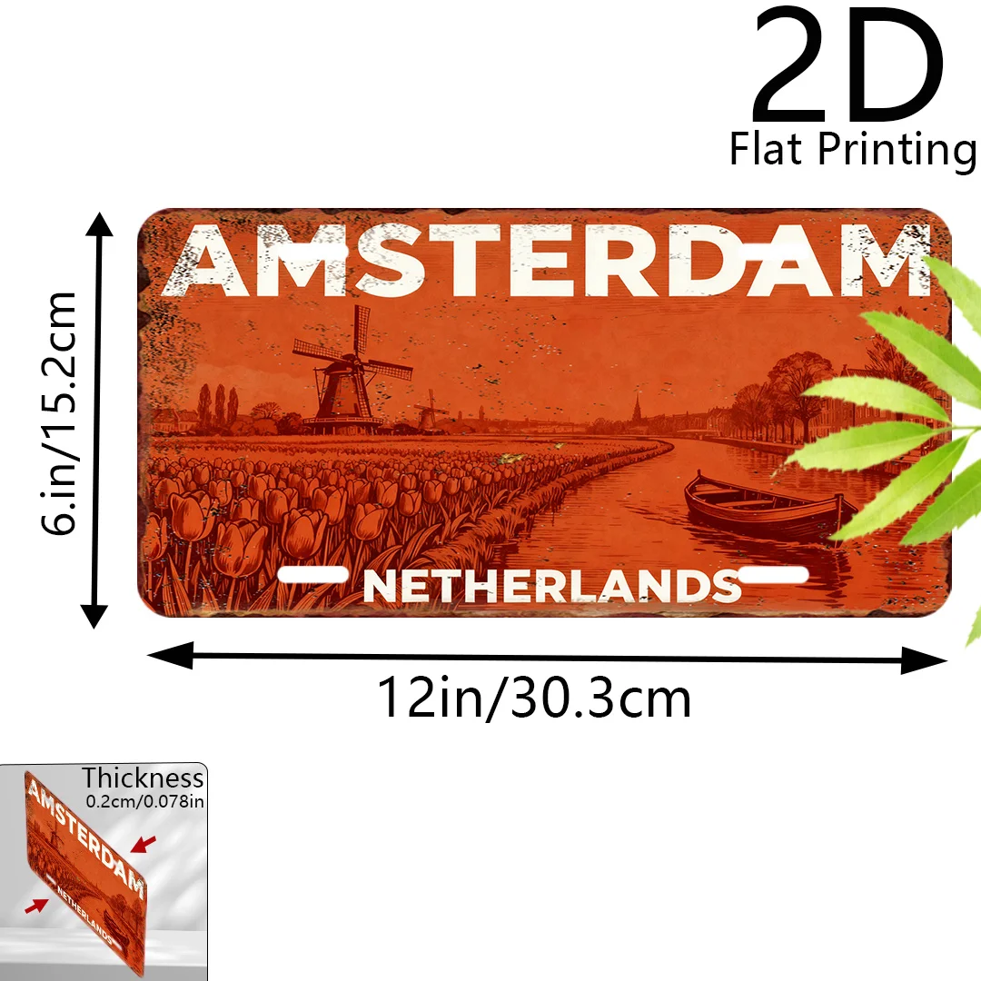 2D Flat - 1pc Retro Amsterdam Netherlands Metal Sign | Vintage City Map Sign with Iconic Canals & Dutch Houses, 2D Flat, Easy Mo