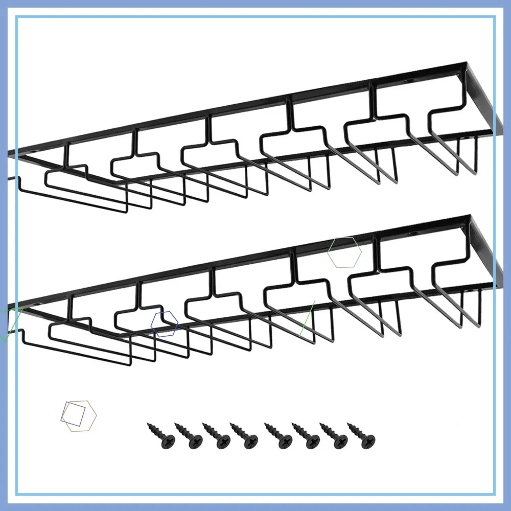 Under Cabinet Stemware Rack 6-Row Wine Glass Holder Storage Hanger for Kitchen Bar Black 2-Pack