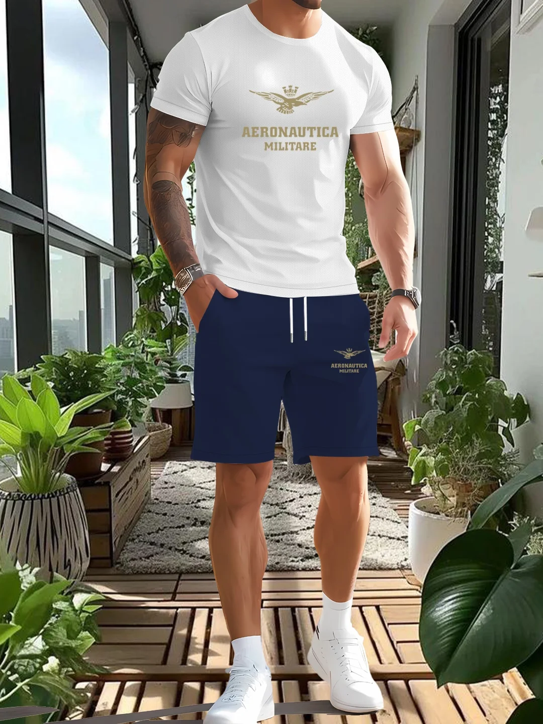 

2-piece men's fashion clothing set, summer casual round neck short sleeved T-shirt and drawstring shorts set, men's vacation fit