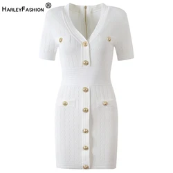 Knitted Dress Women Supplier Short Sleeve Summer Bodycon V-neck Chic Mini Dresses