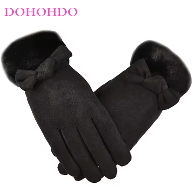 

Suede Black Gloves Ladies Outdoor Sports Warm Velvet Windproof Thickened Fashion Cute Riding Motorcycle Gloves Guantes Invierno