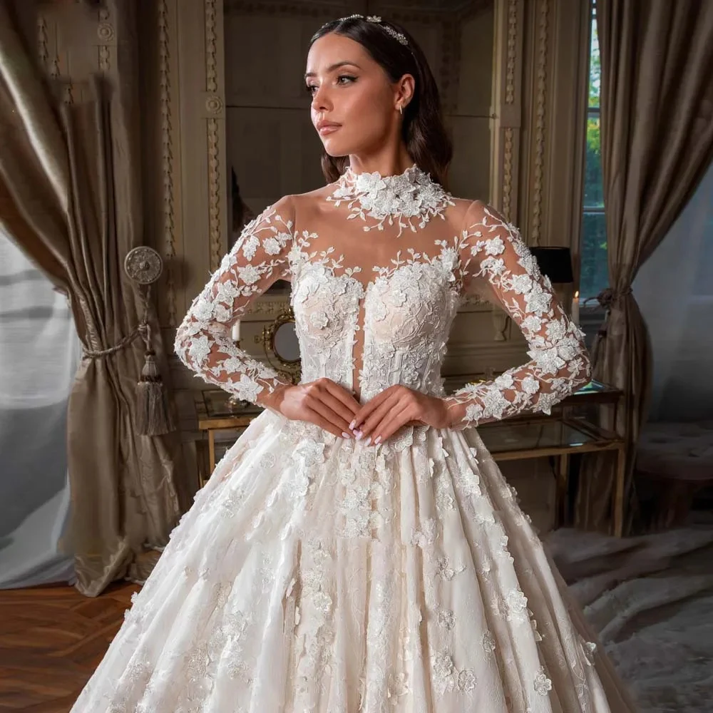 Luxury A Line Wedding Dress Customized O-neck Long Sleeve Tulle Backlesss Bridal Gown Lace Appliques Floor Length Marriage Dress