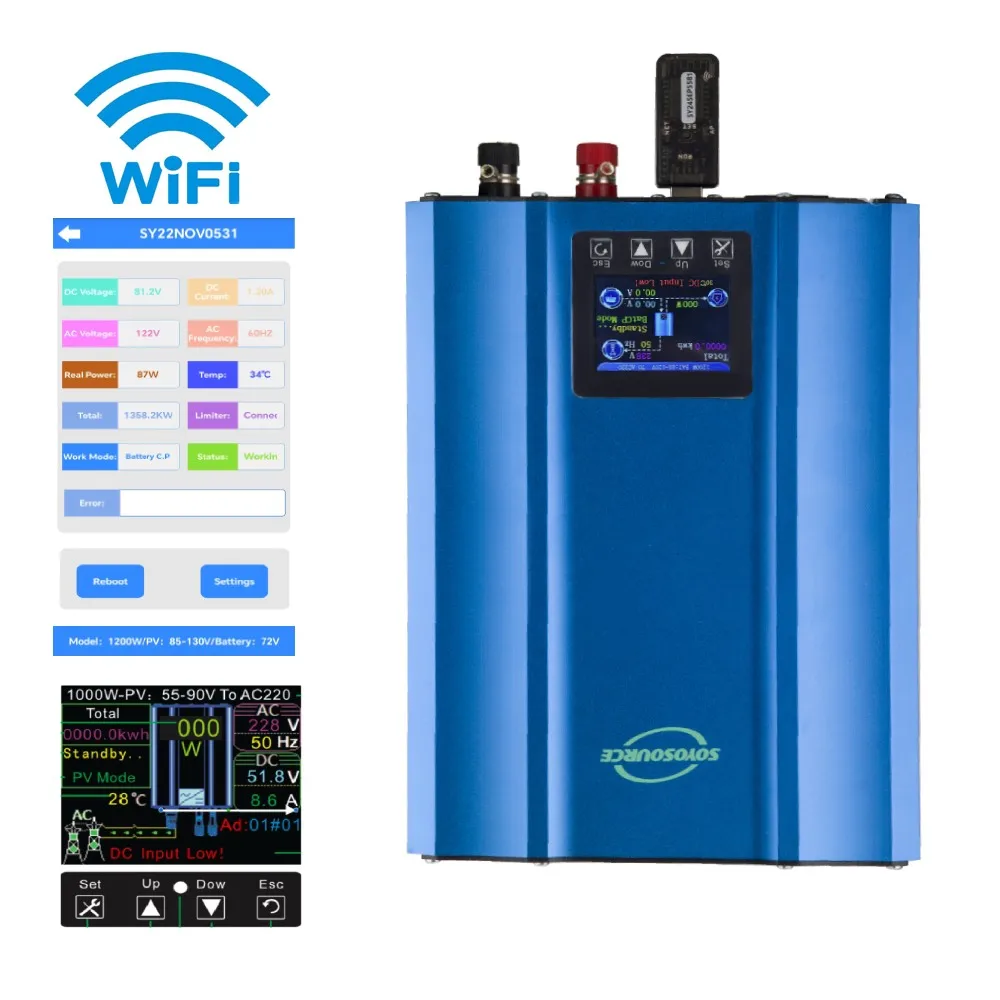 Full Color LCD 1000W Solar Grid Inverter WIFI APP Monitor MPPT Solar Panel Power Grid Battery Discharge Auto-Limit