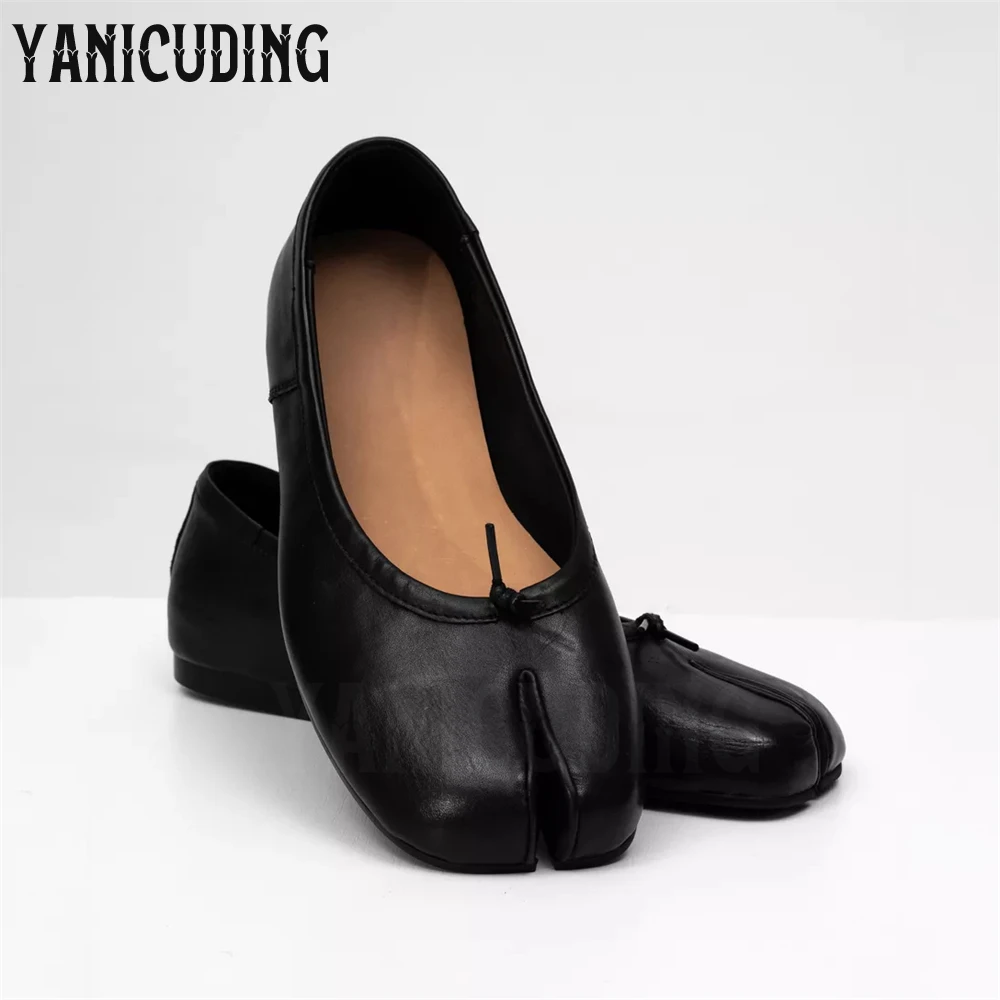 

Black Soft Leather Tabi Ballerinas Cute Bow Slip-On Flats Novelty Designer Style Mary Janes Handmade Custom Comfortable Shoes