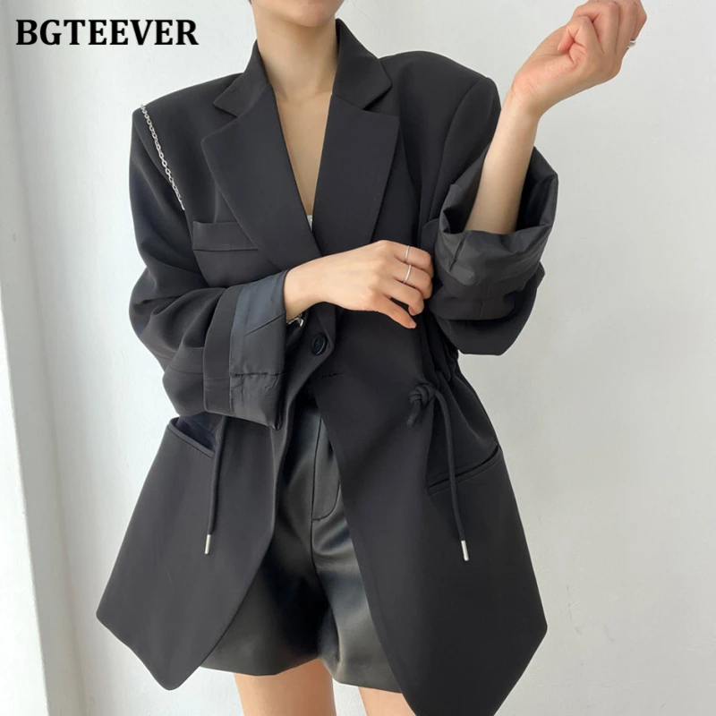 BGTEEVER Vintage Notched Collar Ladies Drawstring Blazer Jackets Casual Long Sleeve Single Button Female Solid Suit Coats