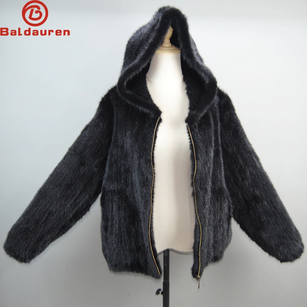 2023 New Women Luxury Genuine Mink Fur Jacket Outerwear Knitted Mink Fur With Hood Coat Brand Fashion 100% Natural Mink Fur Coat