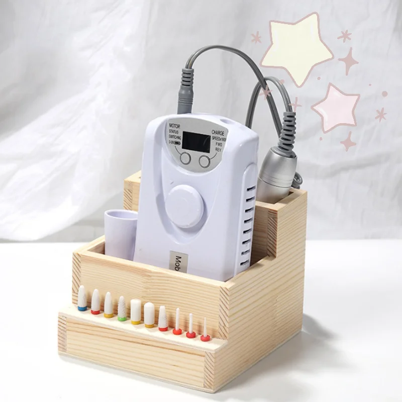 لقم آلة حفر الأظافر، حامل خشبي، ملحقات فنية للتدريب، صندوق عرض أدوات مانيكير DIY