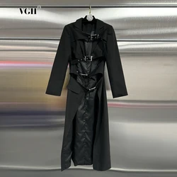 VGH Solid Elegant Trench For Women Lapel Long Sleeve High Waist Hollow Out Spliced Belt Temperament Chic Coats Female Fashion