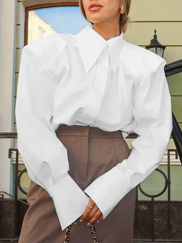 طية صدر السترة بأزرار ضيقة للنساء، مجموعة صيفية عصرية واسعة الكتف كاجوال Sle Long Sve irt للسيدات