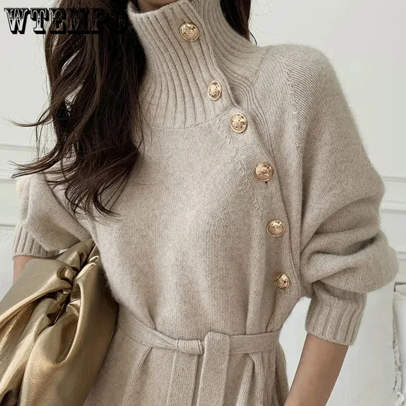 Sweaters Luxury Designer Turtle Autumn Winter Sweater Long Knitted Dress Rib Sleeve Belt Elegant Women Korean Sweater Wholesale