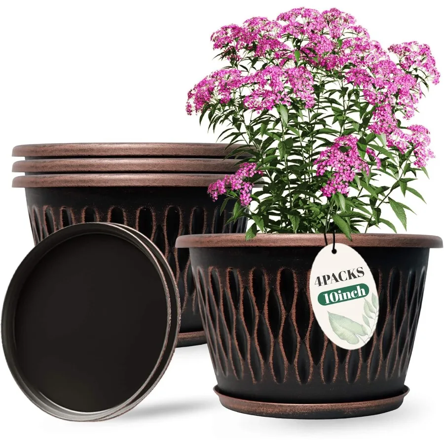 

4 Pack 10 Inch Retro Plant Pots Vintage Striped Flower Pots with Drainage Hole and Saucer Large Plastic Planters for Indoor and