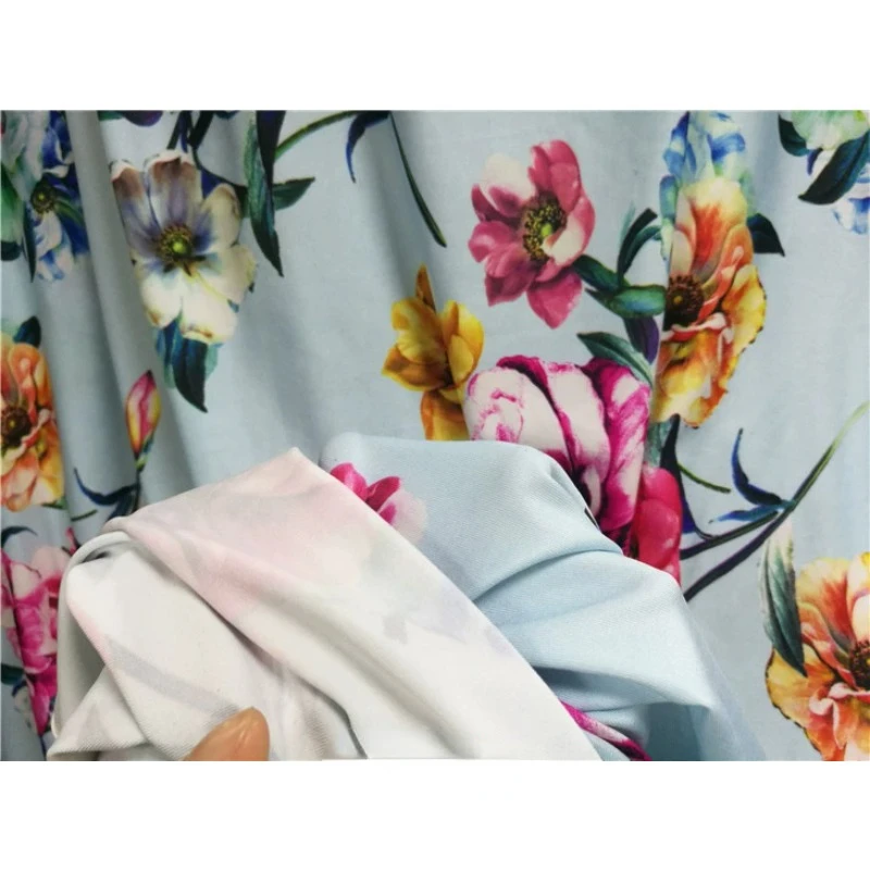 New Flower Type Light Blue Bottom Big Flower Milk Silk Printed Fabric Dress Long Skirt Cheongsam DIY Fabric