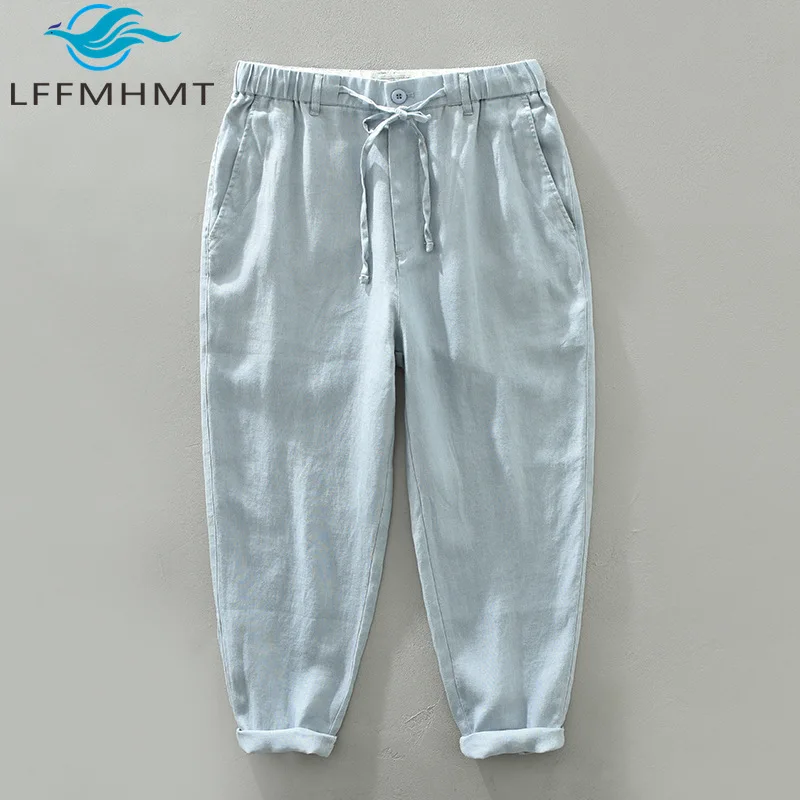 1632 Mens Casual Linen Pants 100% Linen Good Quality Thin Breathable Loose Straight Trendy Elastic Waist Ankle Length Trousers