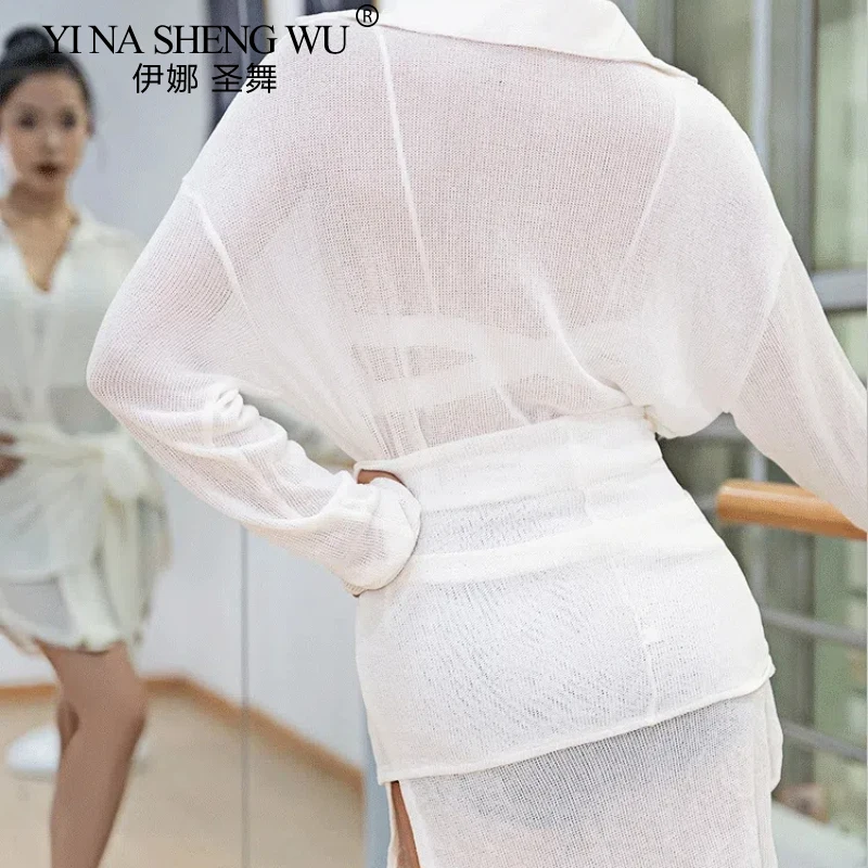Loose Latin Dance Clothes Women White Black Long Sleeve Loose Shirt Skirt Training Clothes Latin Dance Cha Cha Samba Costume
